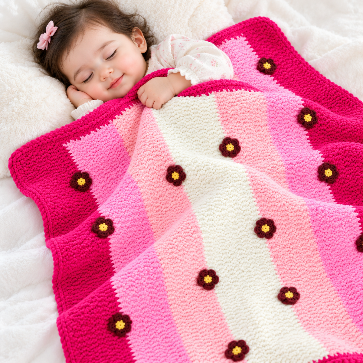 Baby Wool Blanket Hand Knitted | Pink Stripes with Crochet Flowers | Warm Winter Blanket | 42x37 Inches