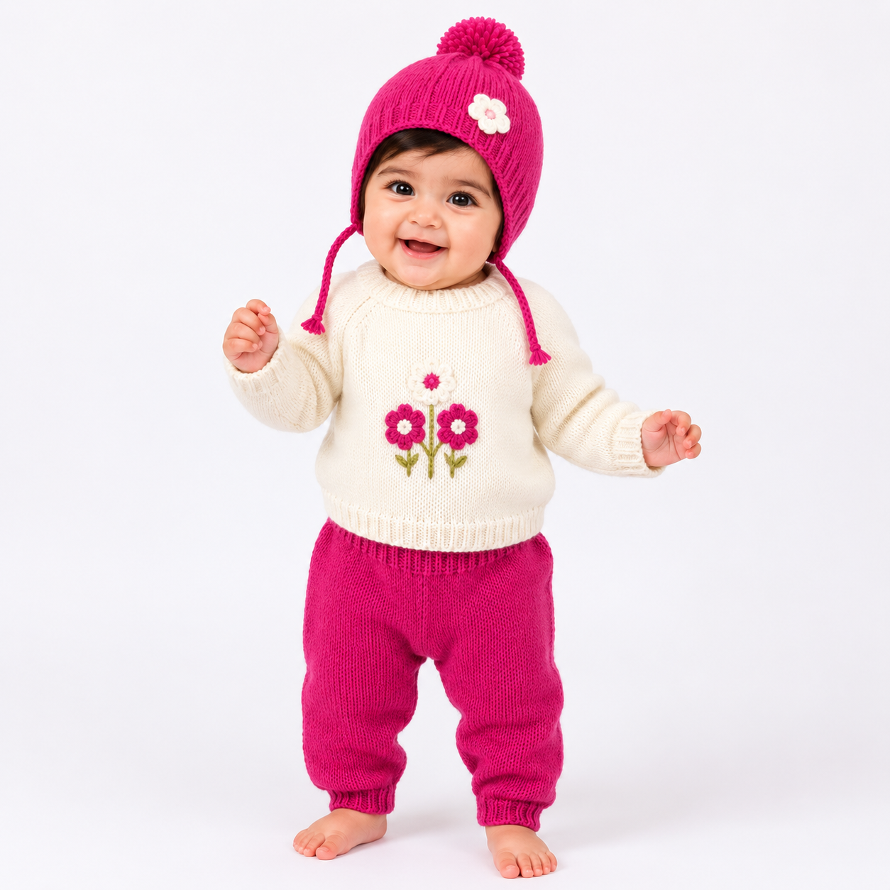 Hand Knitted Baby Girl 3-Piece Set | Hot Pink Flower Sweater, Pants & Pom Pom Hat | 0-12 Months