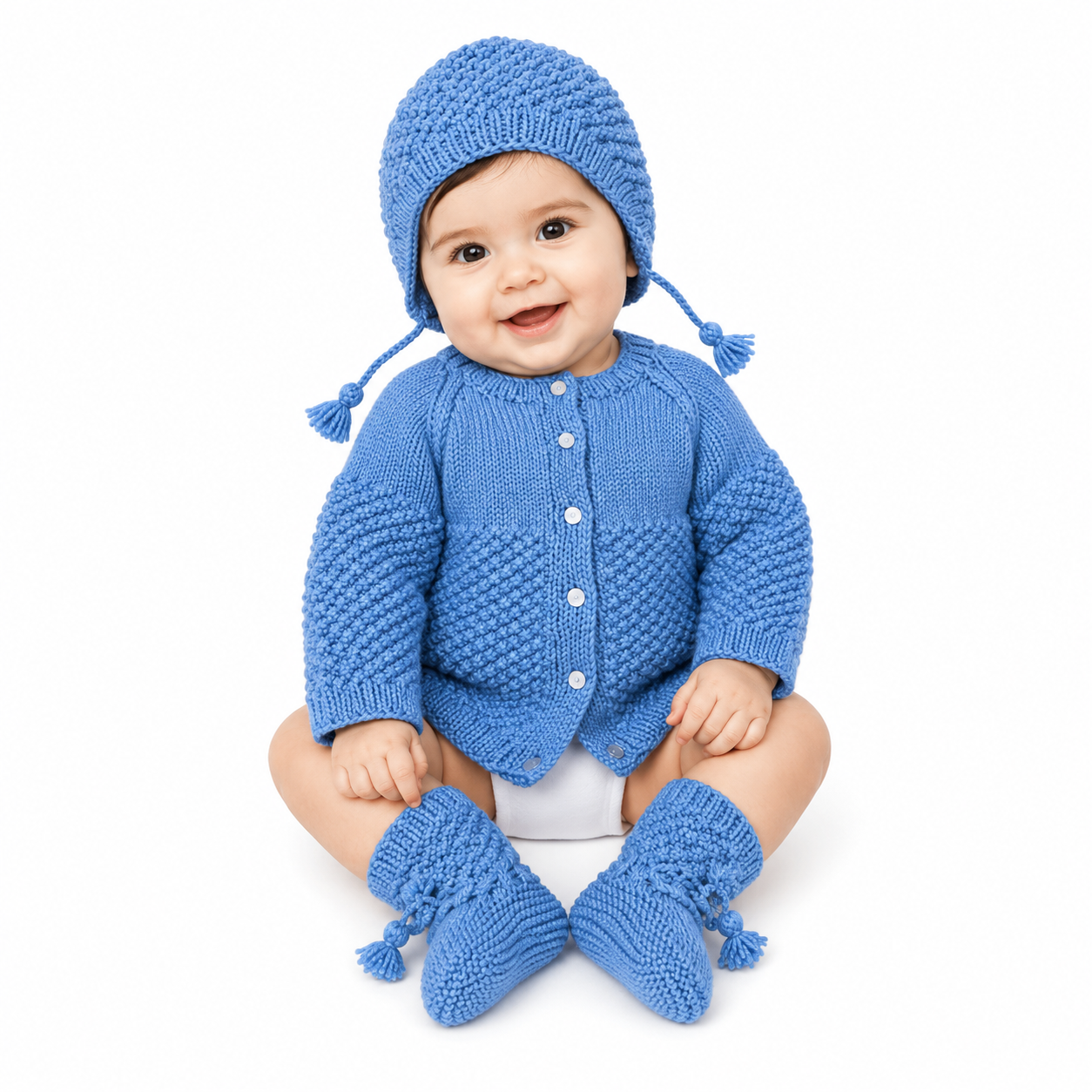 Handknitted Baby Boy Sweater Set | Soft Wool Cardigan with Matching Cap & Booties | Blue | 6-12 Months
