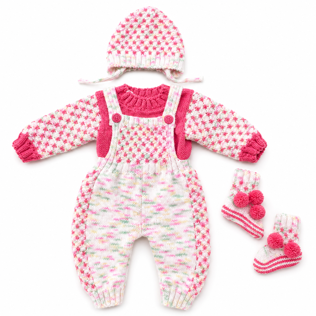 Hand Knitted Baby Wool 4-Piece Set | Sweater, Dungaree, Earflap Beanie and Pom Pom Booties | Handmade Baby Winter Gift Set