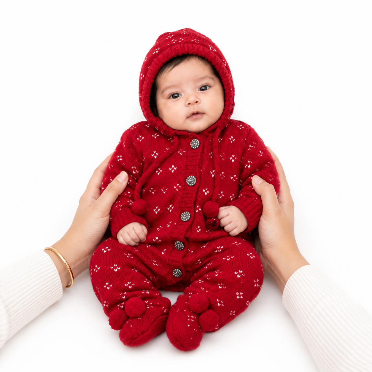 Hand Knitted Baby Wool Hoodie Romper Set with Booties