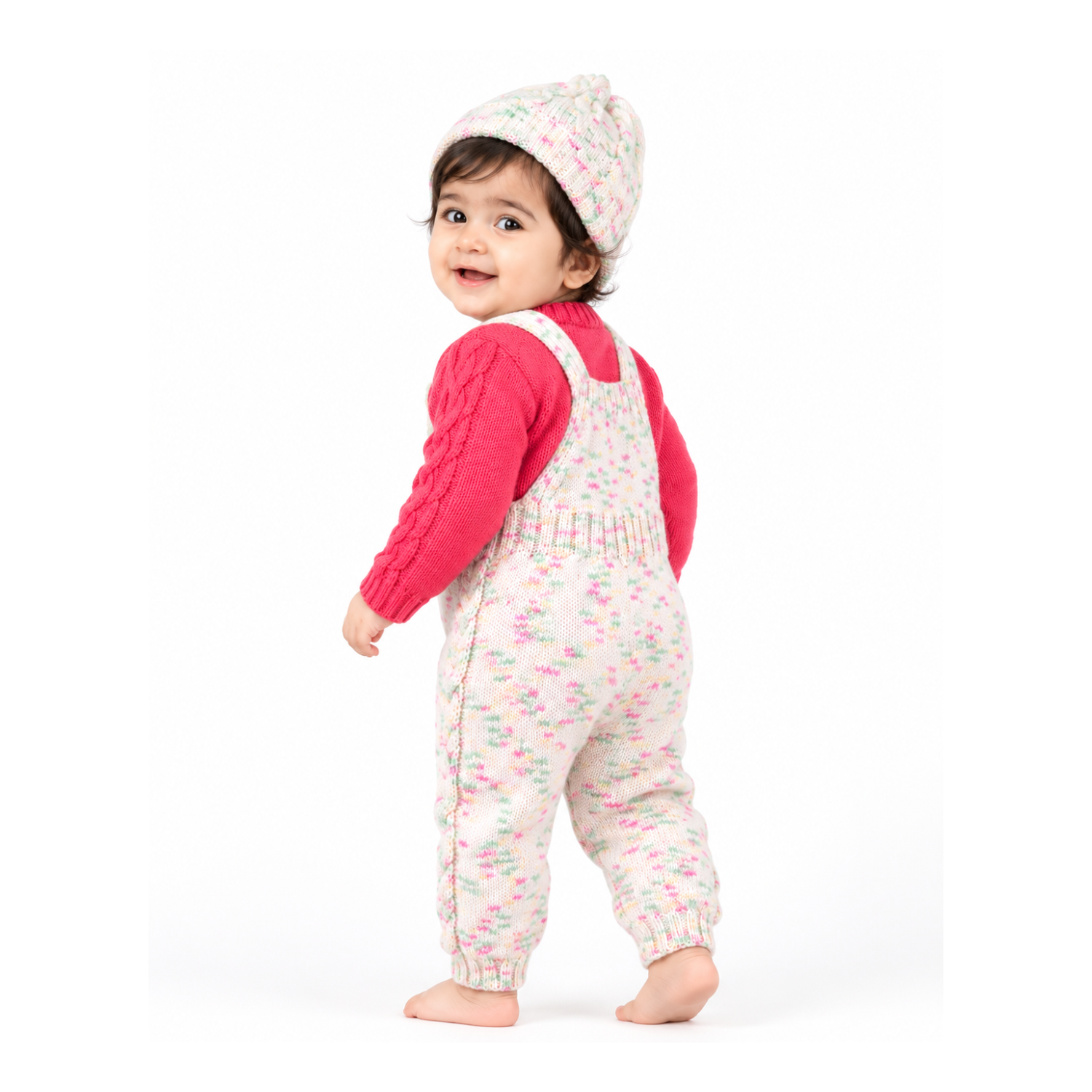 Hand Knitted Baby Wool 3-Piece Set | Cable Knit Sweater, Dungaree and Beanie Hat | Handmade Baby Winter Outfit