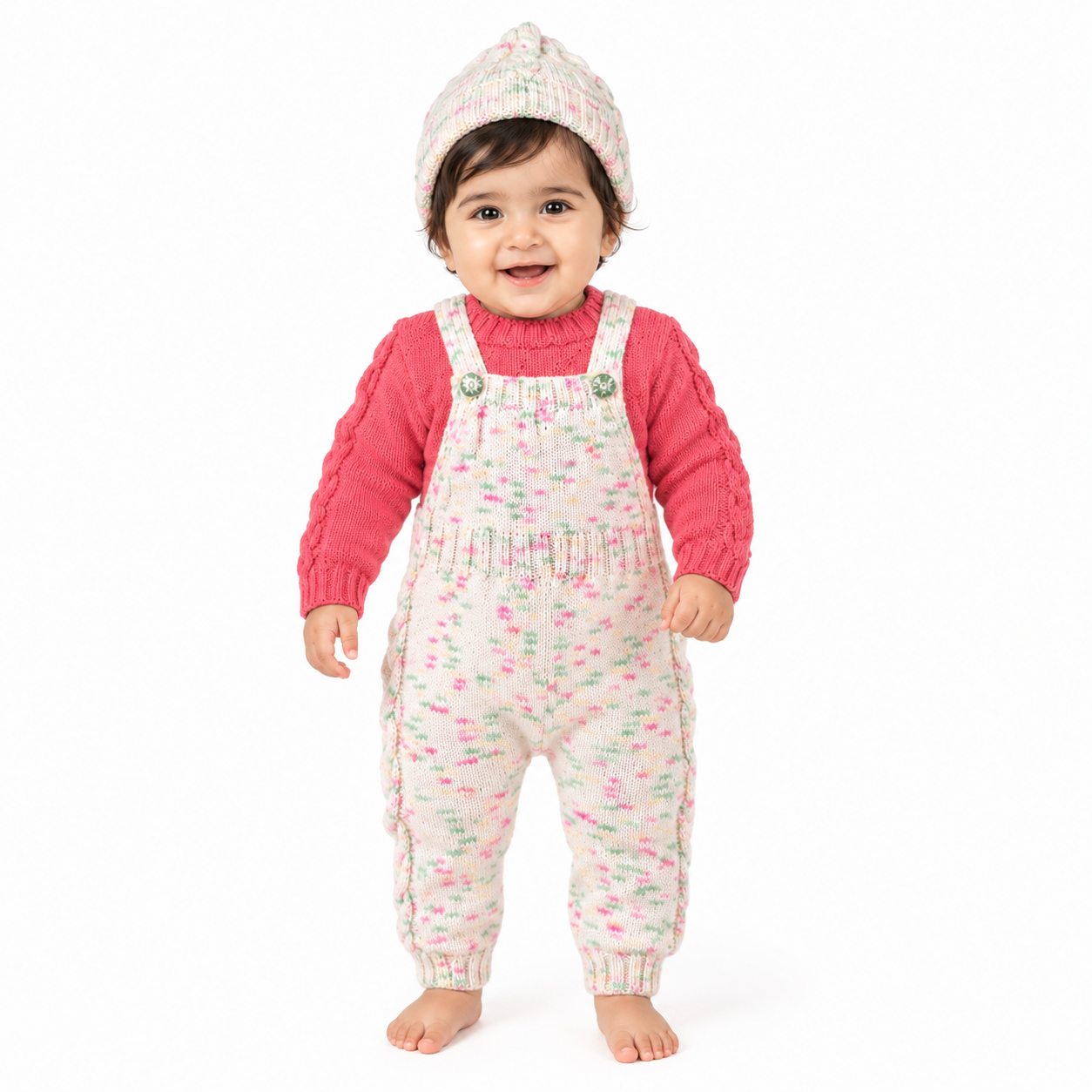 Hand Knitted Baby Wool 3-Piece Set | Cable Knit Sweater, Dungaree and Beanie Hat | Handmade Baby Winter Outfit