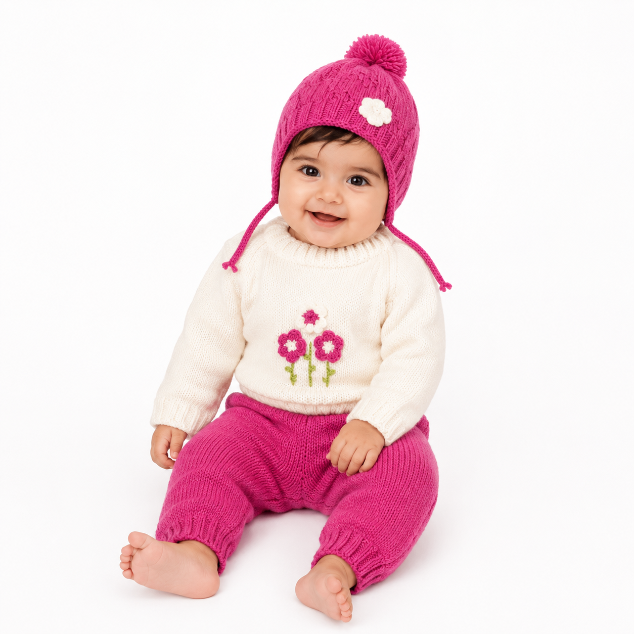 Hand Knitted Baby Girl 3-Piece Set | Hot Pink Flower Sweater, Pants & Pom Pom Hat | 0-12 Months