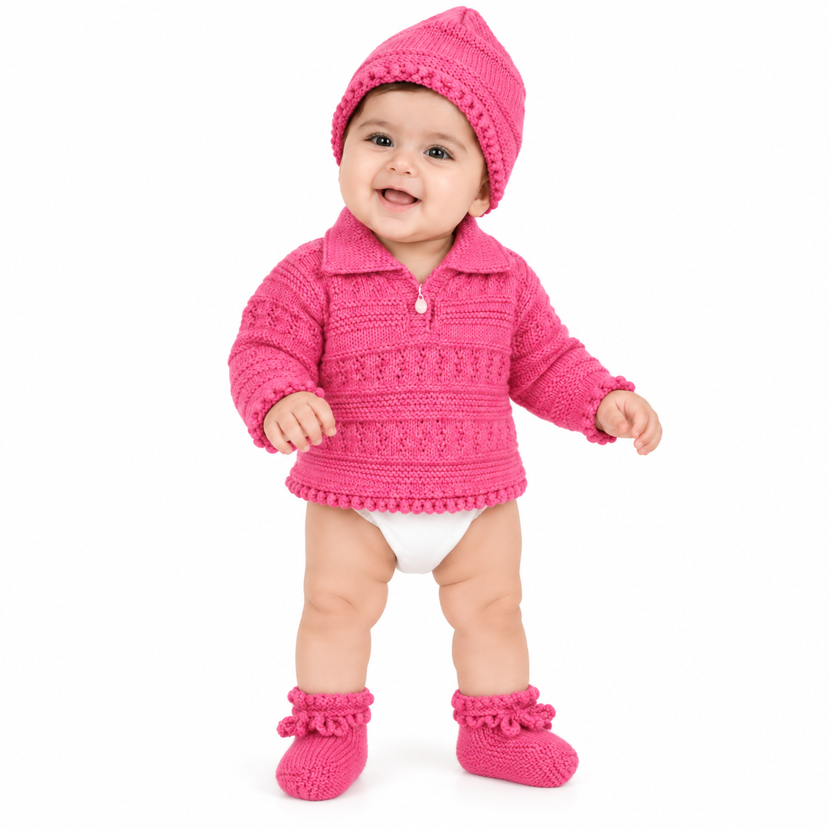 Hand Knitted Baby Wool 3-Piece Set | Pink Collar Sweater, Cap & Booties
