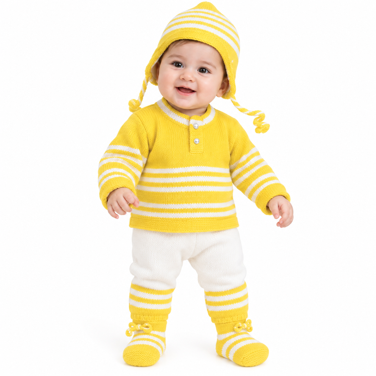 Hand Knitted Baby Wool 4-Piece Set | Yellow Striped Sweater & Pants