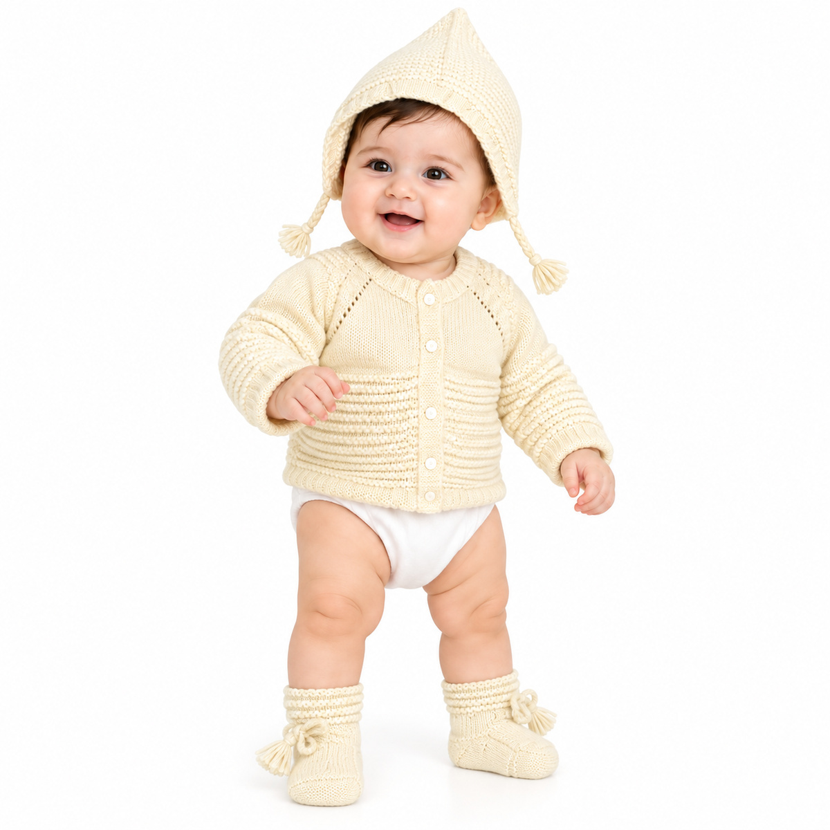 Hand Knitted Baby Wool Cap Cardigan Set with Booties