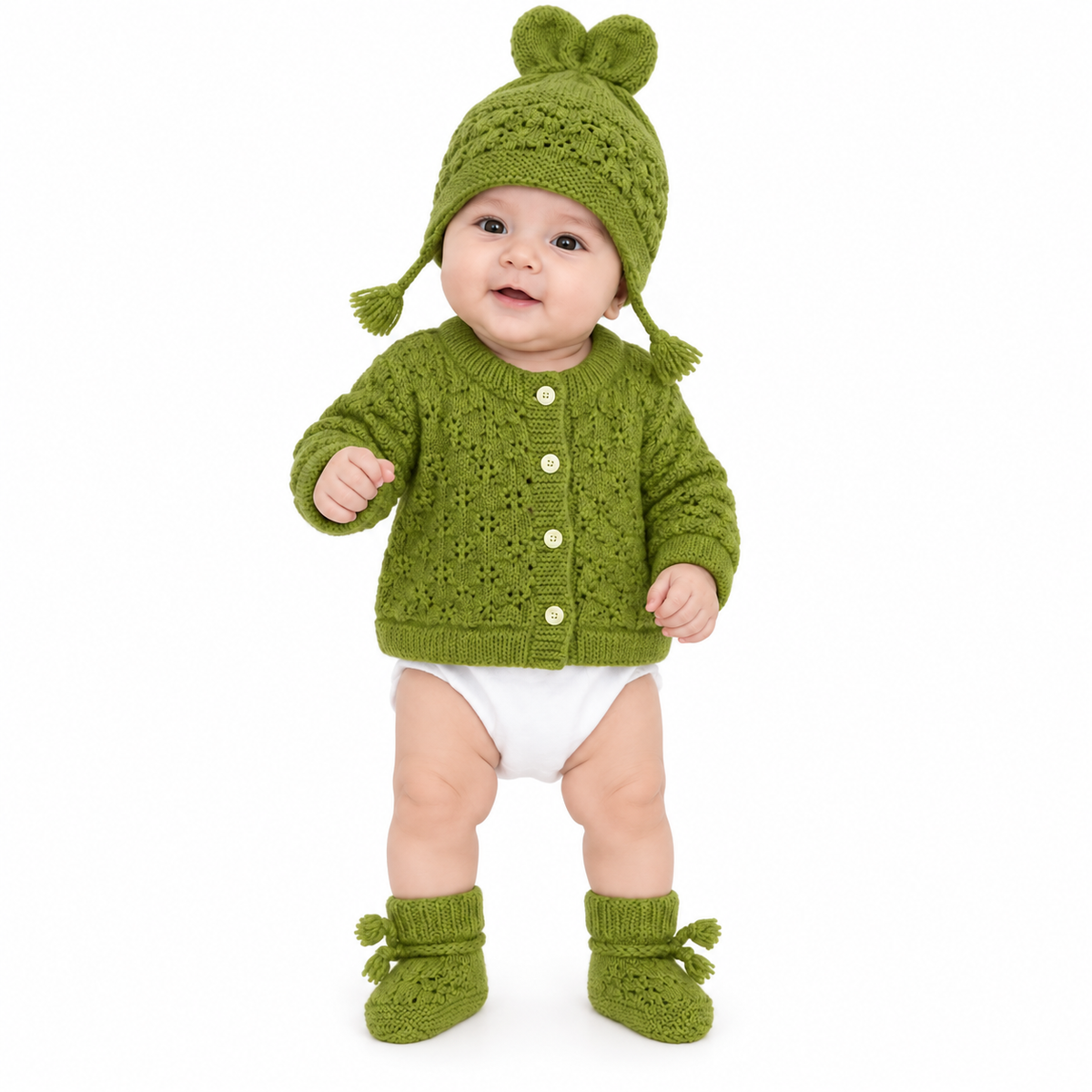 Hand Knitted Baby Wool 3-Piece Set | Green Cardigan, Cap & Booties