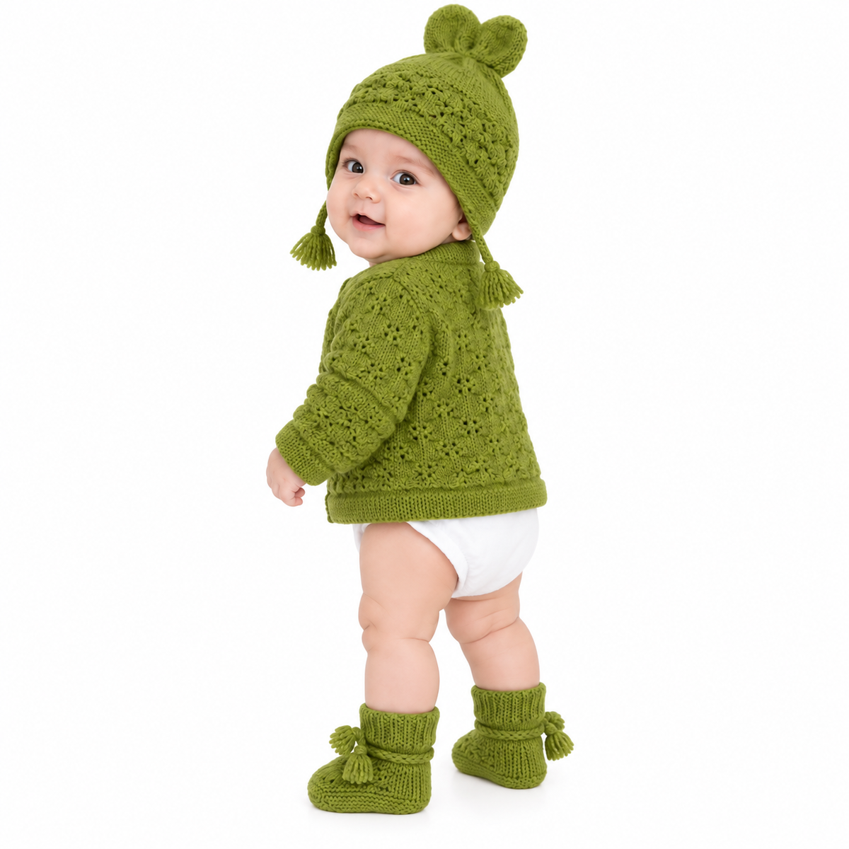 Hand Knitted Baby Wool 3-Piece Set | Green Cardigan, Cap & Booties