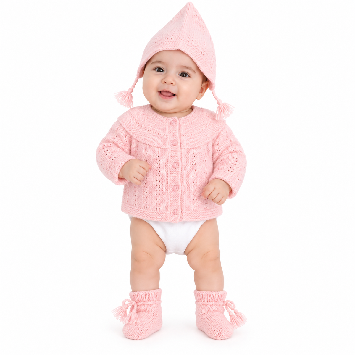 Hand Knitted Baby Wool 3-Piece Set | Pink Cardigan, Cap & Booties