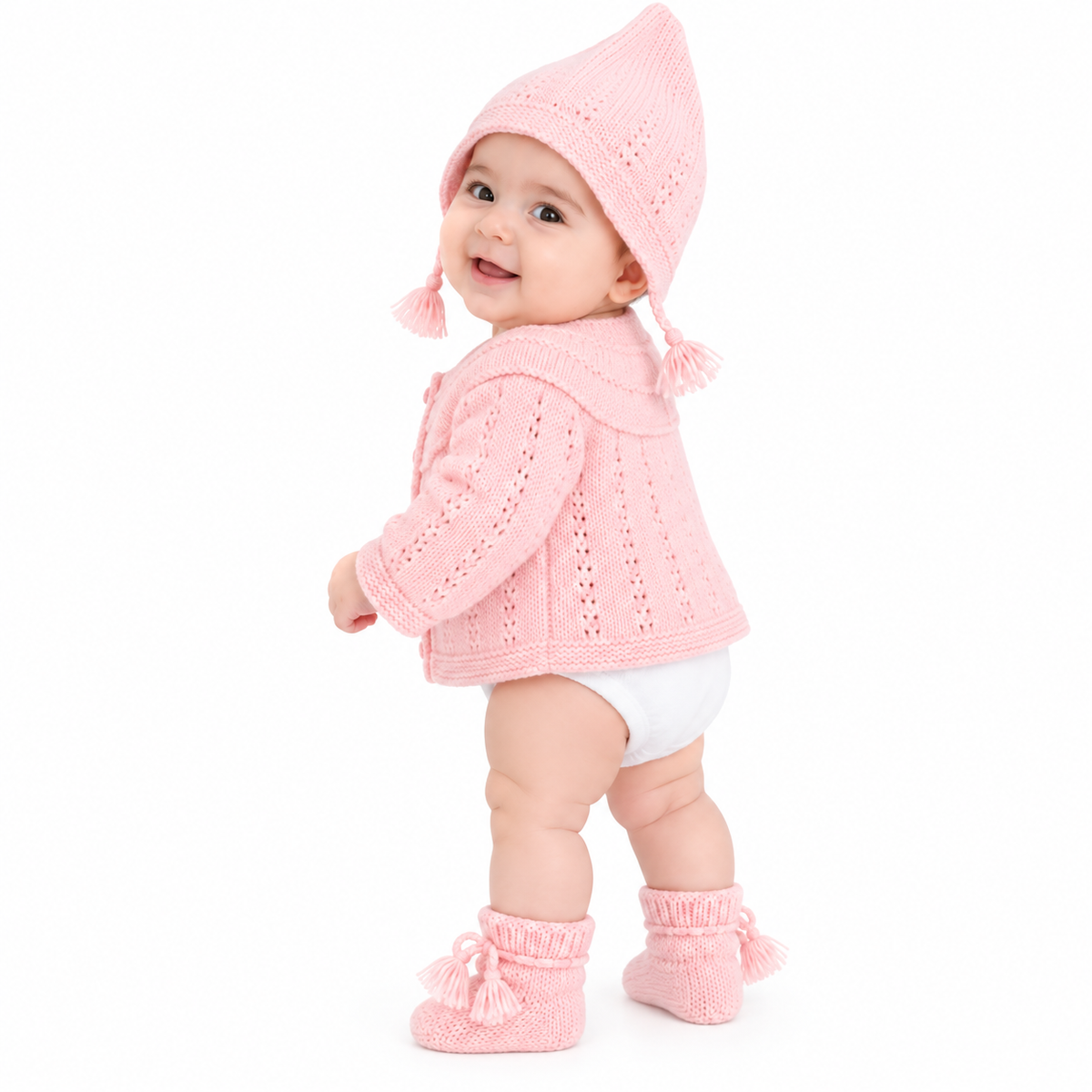 Hand Knitted Baby Wool 3-Piece Set | Pink Cardigan, Cap & Booties