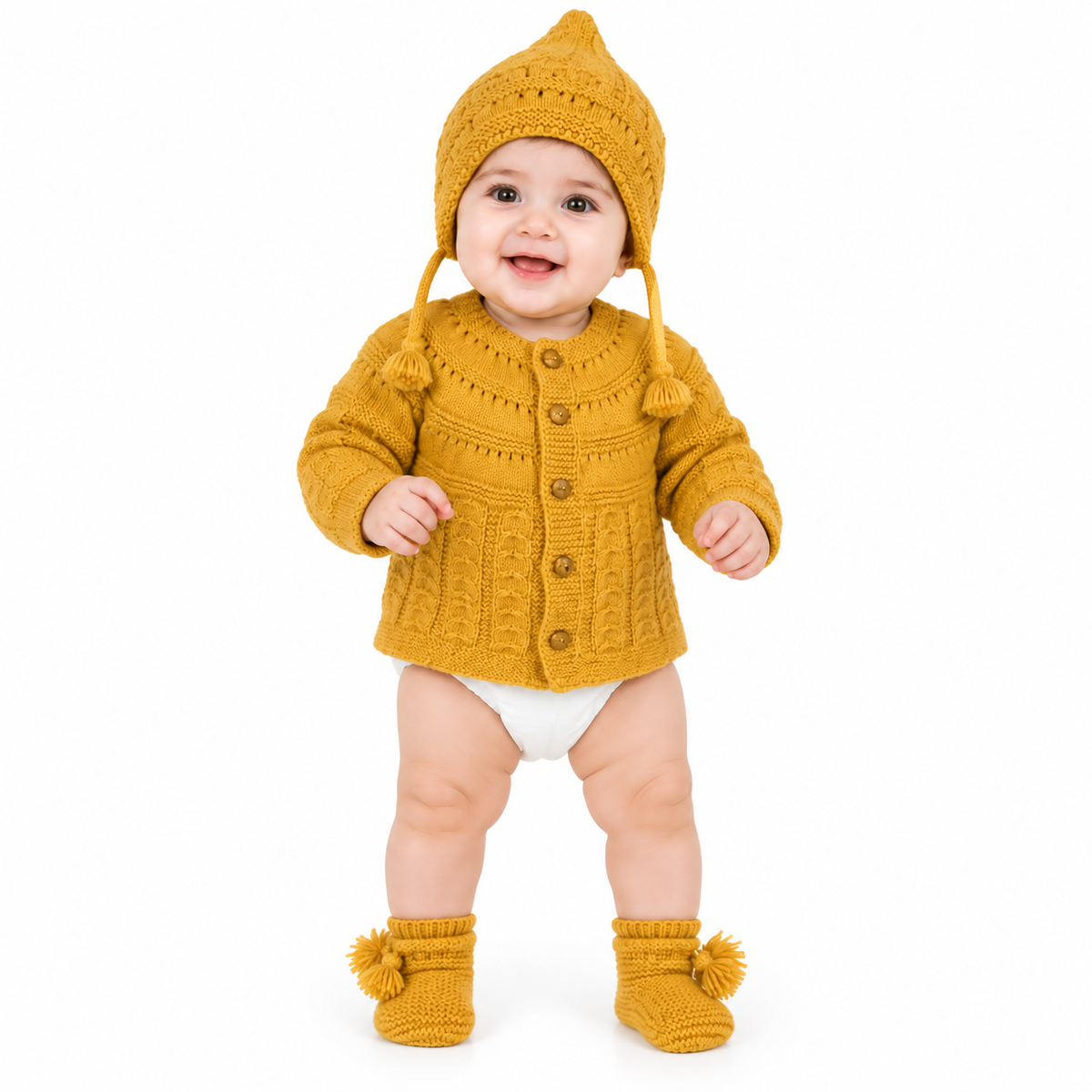 Hand Knitted Baby Wool 3-Piece Set | Mustard Cardigan, Cap & Booties