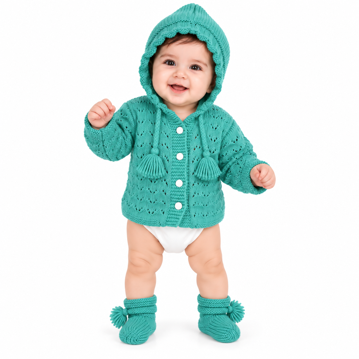 Hand Knitted Baby Wool Hooded Cardigan Set | Teal with Booties