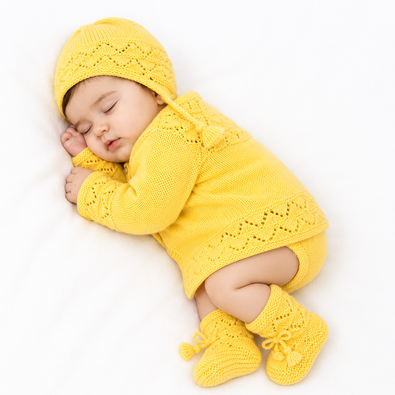Hand knitted baby sweater set in multicolour wool with matching cap and booties, Little Smile Store