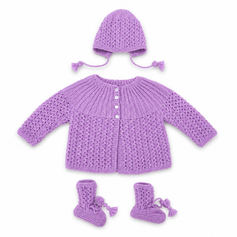 hand-knitted-baby-sweater-set-cap-booties-purple