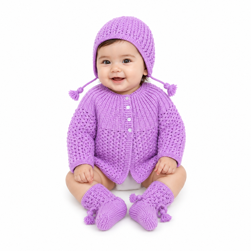 hand-knitted-baby-sweater-set-cap-booties-purple