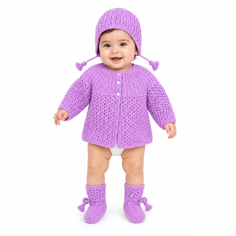hand-knitted-baby-sweater-set-cap-booties-purple